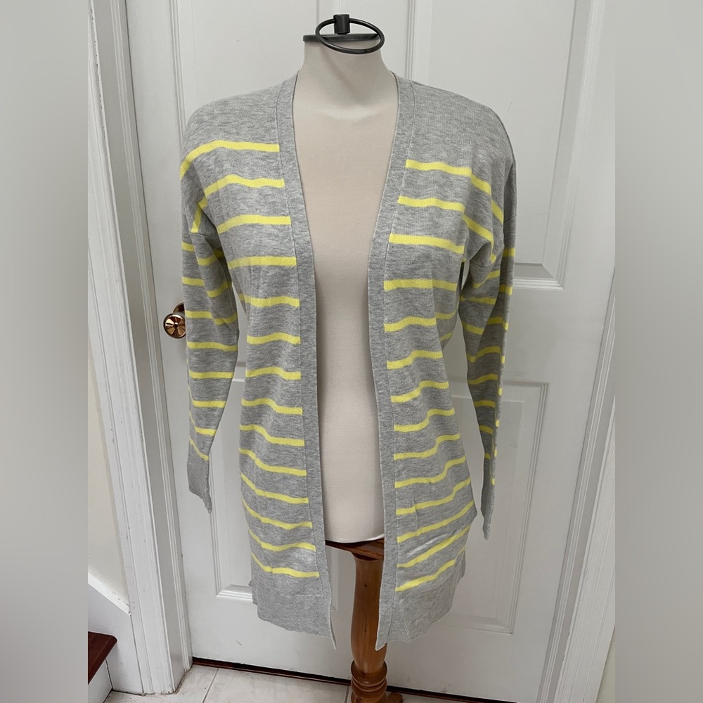 Gray Yellow Striped Long Tunic Cardigan SweaterBelted Belt size medium